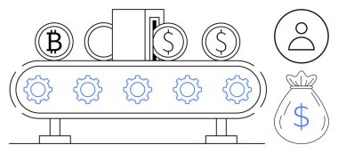 Şifreli paralar ve dolar sembolleri dişli bir taşıyıcı üzerinde hareket eder. Cüzdan simgesi depolamayı simgeler, kişi simgesi kullanıcıları gösterir ve para çantası karı simgeler. Finans ve teknoloji için ideal
