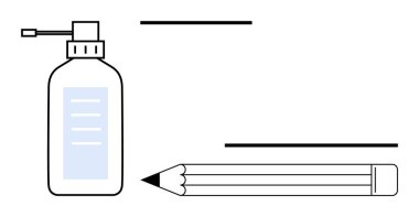 Şişeyi ve kalemi minimalist tarzda pompalamak hijyen, yaratıcılık ve eğitimi vurgular. Sağlık, öğrenim, ofis, sağlık, tasarım verimliliği ve organizasyon kavramları için idealdir. Basit düz