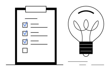 Ampulün yanında kontrol listesi olan pano görevleri, planlamayı ve ilhamı sembolize ediyor. Üretkenlik, yaratıcılık, organizasyon, fikirler problem çözen yenilik takım çalışması için idealdir. Basit düz