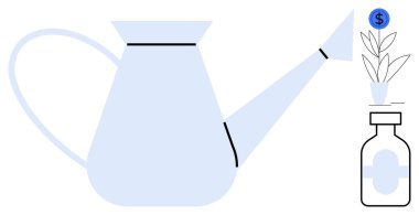 Bir dolar işareti ile ilaç şişesinden filizlenen bir bitkinin üzerine büyük bir sulama kutusu dökülüyor. Sağlık yatırımları, finansal büyüme, refah finansmanı, ilaç desteği ve yenilik için ideal