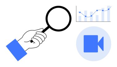 Veri grafiği ve video ikonu odaklı el ele tutuşan büyüteç. Analiz, araştırma, anlayış, multimedya, istatistik, keşif ve araştırma için ideal. Basit düz metafor