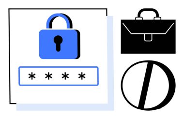 Kapalı asma kilit, şifre giriş alanı, çapraz daire işareti ve veri güvenliğini, kısıtlı erişimi ve güvenlik protokollerini sembolize eden evrak çantası. Siber güvenlik, gizlilik ve kimlik doğrulama için ideal