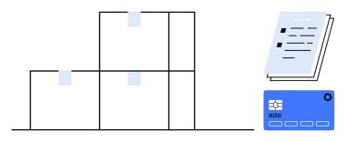 Yığınlanmış kutular, etiketler, belgeler ve mavi kart depolama, nakliye ve yönetim süreçlerini vurguluyor. Lojistik, envanter, nakliye, iş e-ticaret verimliliği planlama için ideal