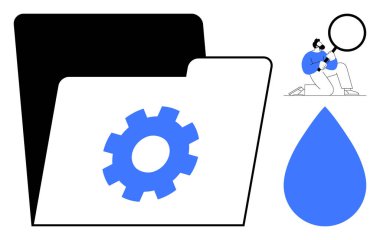 Teçhizatlı dizin işlemleri veya ayarları sembolize eder, kişinin büyültülmesi soruşturmayı gösterir ve su damlası sürdürülebilirliği veya kaynakları ima eder. Teknoloji, veri, analiz ve araştırma için ideal