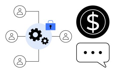 Dişlilere bağlı takım simgeleri, kilit sembolü, dolar işareti ve konuşma baloncuğu. İşbirliği, güvenlik, finans, iletişim, takım çalışması süreçleri için ideal dijital bağlantılar basit