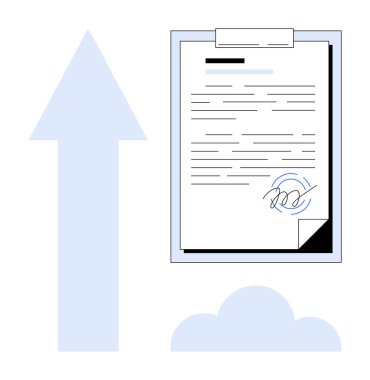 Onaylamayı simgeleyen, bir bulut ve yukarı doğru ok şeklinde imzalanmış belge. Dijital iş akışı, e-imza, bulut depolama, ilerleme, hareketlilik, iş kağıtsız verimlilik için ideal