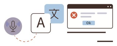 Ses dalgalı mikrofon, dil alfabe blokları ve ekrana yansıyan hata. Çeviri, dil öğrenme, erişilebilirlik, iletişim, kullanıcı arayüzü, eğitim ve konuşma araçları için ideal