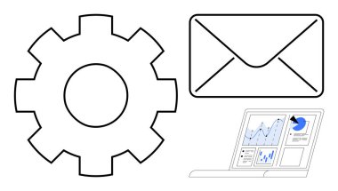 İş akışını sembolize eden vites, iletişim için zarf, analitik gösteren dizüstü bilgisayar. Takım çalışması, iş dünyası, üretkenlik, işlemler, dijital stratejiler, basit düz metafor planlaması için ideal