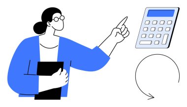 Hesap makinesini dairesel bir okla gösteren bir not defteri tutan kadın, hesaplamayı, karar vermeyi ya da iş akışını öneriyor. Finans, eğitim, verimlilik, organizasyon için ideal