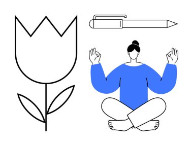 Nilüfer çiçekli kadın, lale ve kalemin yanında elleri ve el hareketleriyle meditasyon yapıyor. Farkındalık, yaratıcılık, denge, özbakım, rahatlama, minimalizm için ideal. Basit düz metafor