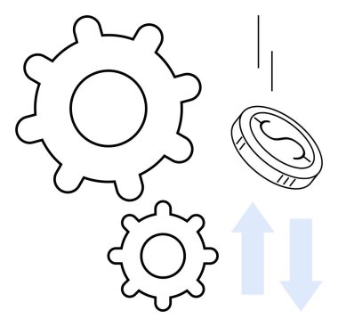 Farklı boyutlarda dişliler, bozuk para düşüyor ve yukarı doğru ok atıyorlar. Finans, iş akışı, verimlilik, işbirliği, yenilikçi karar verme mekanizması için ideal ekonomik büyüme. Basit düz metafor