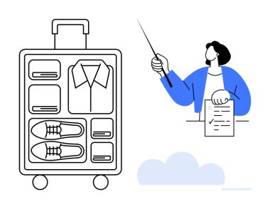 Bavulda bölümlere ayrılmış eşyalar, gömlek ve ayakkabılar var. Yanında da kağıt tutan ve işaret eden bir kadın var. Seyahat, organizasyon, eğitim, sunumlar, planlama, iş için ideal