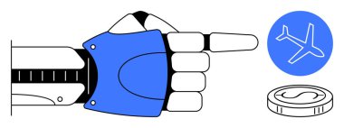 Robot el, seyahat, otomasyon ve yenilikle bağlantılı uçak ikonu ve sikkeyi işaret ediyor. Teknoloji, yapay zeka, ulaşım, finans, yenilik, karar verme ve gelecek için ideal