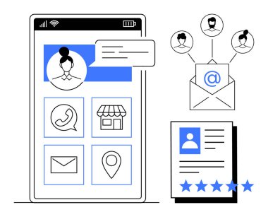 Kullanıcı profili, mesajlaşma özelliği, adres, harita simgesi ve incelemelerle mobil arayüz. Çevrimiçi iletişim, iletişim yönetimi, küçük iş araçları. Uygulamalar için ağ pazarlama için ideal