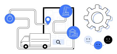 Yol haritasında konum kodu, kronometre simgesi, fabrika, depo, teçhizat ve geri bildirim yüzleri olan bir teslimat kamyonu var. Teslimat, lojistik, tedarik zinciri verimliliği geri besleme teknolojisi için ideal