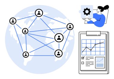 Dünya haritası üzerinde birbirine bağlı insanlar simgeleri, analizli panolar, yapboz parçası tutan insanlar. İşbirliği, iletişim, takım çalışması, küreselleşme, analiz, problem çözme için ideal