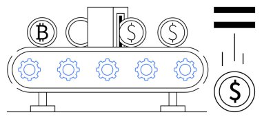 Üzerinde Bitcoin ve Dolar sembolleri olan bozuk paralar konveyör bantlarında dişlilerin işlenmesi ve dönüştürülmüş para biriminin bırakılması. Fintech, döviz, finans, teknoloji, otomasyon, ticaret, yenilik için ideal