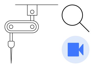 Matkap aletli robot kol, büyüteç ve hassasiyeti, teknolojiyi ve sanal işbirliğini temsil eden video çağrı ikonu. Otomasyon, mühendislik, araştırma, uzaktan çalışma analizi için ideal