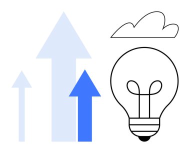 Ampul ve yukarı doğru oklar yaratıcılığı, yeniliği, gelişimi, ilerlemeyi ve fikirleri sembolize eder. Aspirasyon ve gelecekçilik için bulut. Teknoloji, iş ve strateji için ideal başarı girişimciliği