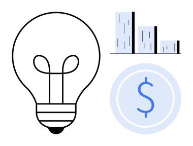 Ampul, bar grafiği ve dolar işareti fikirleri, yeniliği, büyümeyi, yatırımı, finans stratejisini ve üretkenliği gösteriyor. Girişimcilik pazarlaması ve başarı için ideal. Basit düz