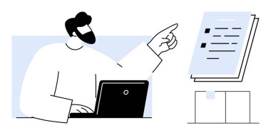 Bir dizüstü bilgisayarda yazan kişi, kontrol listesiyle belgelere işaret ederken, organizasyonu, verimliliği, karar vermeyi sembolize ediyor. İş için ideal, planlama, eğitim, projeler, belgeler