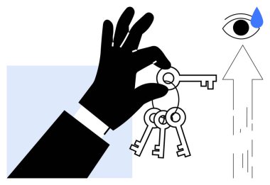 Bir gözü yaşlı ve yukarı doğru ok olan bir gözün yanında üç anahtar tutan el. Temalar vizyon, fırsat, karar verme, güvenlik, liderlik, çözümler, başarı için idealdir. Basit düz metafor