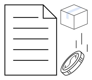 Satır araları, mühürlü paket ve hareket halindeki bir madeni para ticareti, ticari işlemleri ve lojistiği temsil ediyor. E-ticaret, ödeme, nakliye, finansal sözleşme için ideal