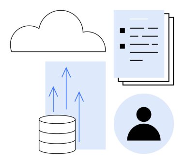 Bulut ögesi, veritabanı, yukarı doğru büyüyen oklar, kullanıcı profili ve bağlantı, veri yönetimi, büyümeyi sembolize eden belgeler. Bulut teknolojisi ve iletişim veri depolama kullanıcısı erişimi için ideal