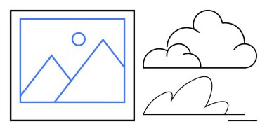 Güneşin dağların üzerinden soyut bulut şekillerinin yanına sadeleştirilmiş bir çerçeve. Yaratıcılık, web tasarımı, doğa kavramları, sanat ilhamı, minimalizm, dijital medya, basit düz metafor