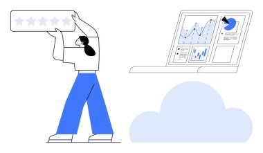 Beş yıldızlı bir not tutan kişi, analitik gösteren dizüstü bilgisayar ve bir bulut simgesi. Müşteri geribildirim, veri analizi, hizmet kalitesi, bulut depolama, derecelendirme sistemleri, iş görüşleri için ideal