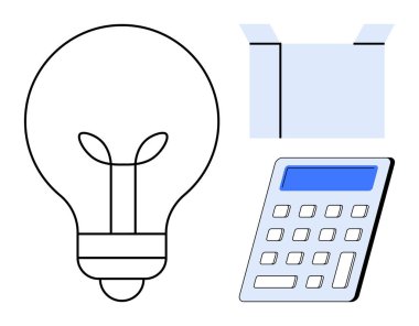 Fikirler için ampul, sınırların dışında düşünmek için kutu, analitik problem çözme için hesap makinesi. Yaratıcılık, yenilik, iş planlaması, eğitim, girişimcilik, tasarım için ideal