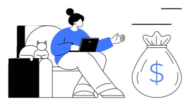 Kanepede elinde kedi, elinde dizüstü bilgisayarla oturan bir kadın büyük para çantasına doğru el kol hareketi yapıyor. Finans yönetimi, bütçe yönetimi, uzak çalışma, tasarruf hedefleri, yatırım, dijital ekonomi için ideal