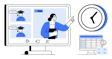 Öğrencilere canlı seansta sunum yapan öğretmenler, saat işaretleme zamanı izleme, finans veya verimlilik için para birimi ile hesap tablosu. Eğitim, eğitim, zaman yönetimi ve finans için ideal