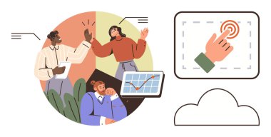 Çok ırklı takım, dokunmatik etkileşim ikonu ve buluta bitişik grafikler ve jestlerle beyin fırtınası yapıyor. Takım çalışması, teknoloji, üretkenlik, yenilik, dijital çözümler, veri analizi için ideal