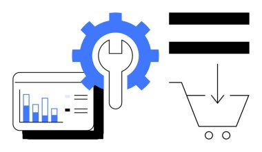 Ekranda çubuk çizelgesi, aletler için vites ve anahtar, eşitlik çizgileri, indirme oku olan alışveriş arabası. E-ticaret, analitik, araçlar, pazarlama stratejisi otomasyonu için ideal. Basit düz