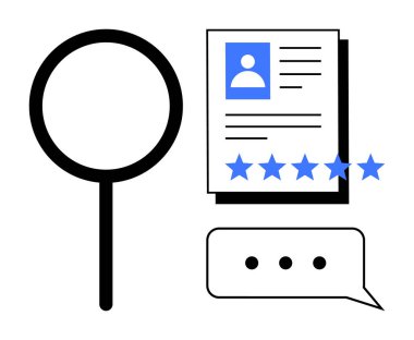 Büyüteç, fotoğraf ve detay içeren aday profili, yıldız reytingleri ve geri bildirim balonu. İşe alım, insan kaynakları, eleman alımı, çalışan değerlendirmesi, aday arama kariyer geliştirme değerlendirmeleri için ideal