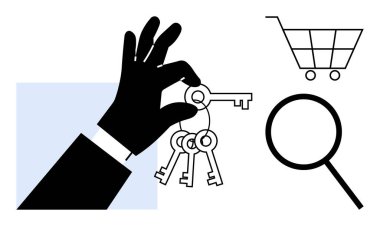 Erişimi sembolize eden anahtarlar. Arama, e-ticaret ve keşif için büyüteç ve alışveriş arabasıyla eşleştirilmiş. Güvenlik, strateji, perakende, araştırma ve çevrimiçi hizmetlere erişim için ideal