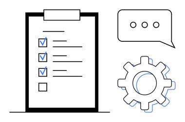 Tamamlanmış görevleri, konuşma baloncuğu ve organizasyonu, işbirliğini, verimliliği, yönetimi, otomasyonu, etkileşimi ve planlamayı sembolize eden çarklı kontrol listesi. Takım çalışması verimliliği için ideal