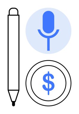 Kalem, daire şeklinde mavi mikrofon ve dolar ikonlu para iletişimi, yaratıcılığı ve finansmanı vurguluyor. Teknoloji, yenilik, iş, üretkenlik medya finansmanı için ideal