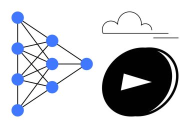 Birbirine bağlı mavi düğümlü sinirsel ağ, daire şeklinde oynat düğmesi ve bulut hattı. Yapay zeka, teknoloji, veri paylaşımı, makine eğitimi, dijital dönüşüm medya yeniliği için idealdir. Basit.
