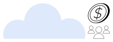 Dolar madeni parasıyla bulut grafiği ve finans, takım çalışması ve dijital çözümler taşıyan kullanıcı grubu. İş, teknoloji, bulut depolama, işbirliği, finansal büyüme, SaaS yeniliği için ideal