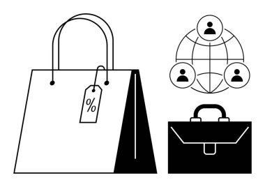 Yüzde etiketli alışveriş torbası, kullanıcı bağlantıları olan dünya ve evrak çantası. Perakende, e-ticaret, küresel ticaret, ağ oluşturma, iş çözümleri, çevrimiçi pazarlama basit düz metafor