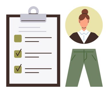 Panoda kontrol işaretli görev listesi, saç telli profesyonel kadın portresi ve yeşil pantolon. Üretim, organizasyon, hedefler, başarılar, rutinler, işyeri yönetimi için ideal