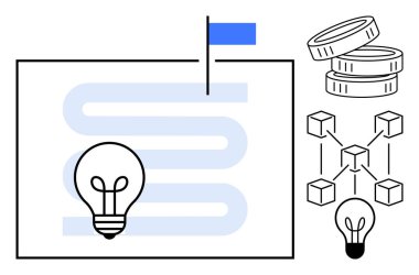 Bayrağa giden yol üzerinde ampul, madeni paralar ve düğümlerle bağlı engelleme ağı. Yenilik, strateji, kripto para birimi, engelleme zinciri, finans teknolojisi başarı görselleştirme için idealdir. Basit düz