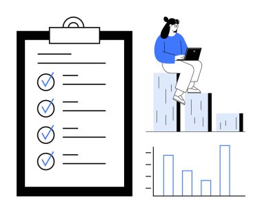Dizüstü bilgisayarı olan bir kadın, kontrol listesi tamamlanmış bir pano, veri analiz grafiği. Üretkenlik, planlama, strateji, analitik, hedefler iş eğitim temaları için idealdir. Basit düz