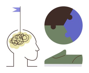 Karmaşık düşünceleri ve bayrağı olan beyin, bulmaca çözen dünya, ve yeşil ayakkabı gösterme odağı, problem çözme, birlik ve sürdürülebilirlik. Farkındalık, yenilik, takım çalışması ortamı için ideal
