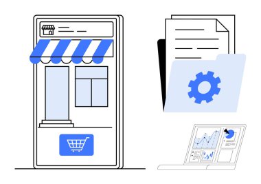 Alışveriş arabalı mobil mağaza önü, bir dişli simgesi içeren belge klasörü ve veri grafiklerini sunan bir dizüstü bilgisayar. Ekommerce, analitik, strateji, veri, otomasyon, teknoloji yönetimi için ideal