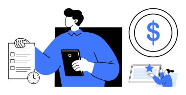 Elinde bir dolar işareti ve geri bildirim ekranının yanında kontrol listesi, saat ve tablet tutan kişi. İş, finans, üretkenlik, zaman yönetimi, planlama geribildirim ve basitlik için ideal