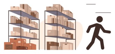 Raflar çeşitli kutularla dolu ve yürüyen bir işçi figürü. Lojistik, envanter yönetimi, e-ticaret, nakliye, depo işlemleri, ekip çalışması ve organizasyon için ideal. Basit.