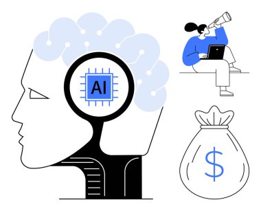 Yapay zeka mikroçipli beyin, teleskop, dizüstü bilgisayar ve para çantası kullanan kadın. Yapay zeka, yenilik, teknoloji, vizyon, araştırma finansal okur-yazarlık trendleri için idealdir. Basit düz metafor